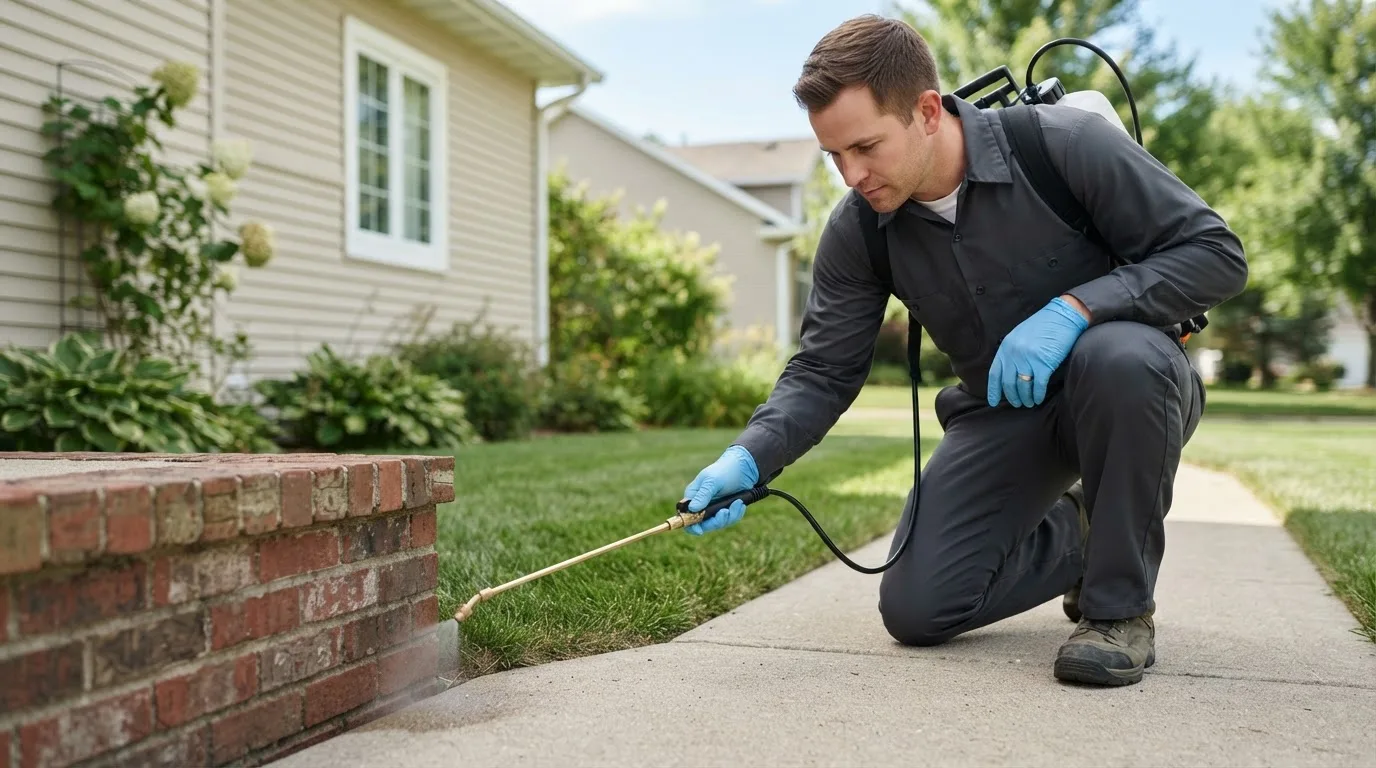 Pest control technician treating a home near Henrico, VA